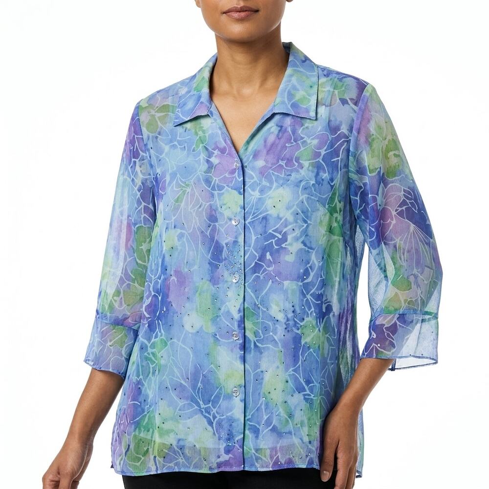 MAGGIE BARNES Multicolor Abstract Chiffon 3/4 Sleeve Button-Up See Measurements